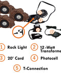 3-Pack 1.5-Watt Rock Lights With Low-Voltage 20-Watt Transformer For Landscape Lighting Ponds And Water Features Submersible In Or Out Of Water 2800K Warm White Emitting 70 Lumens Each With Photocell Control, showing rock light components and connections.