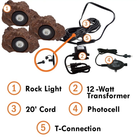 3-Pack 1.5-Watt Rock Lights With Low-Voltage 20-Watt Transformer For Landscape Lighting Ponds And Water Features Submersible In Or Out Of Water 2800K Warm White Emitting 70 Lumens Each With Photocell Control, showing rock light components and connections.