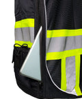 Pro Level Ansi Class One Safety Vest For Surveyors In Matte Black with visible tablet slot and high vis reflective trim.
