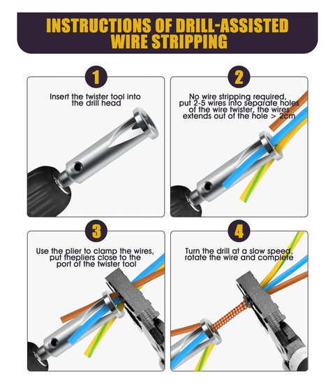 Wire Twisting And Stripping Tool For Drill Drivers, No Fuss Quick Connector Twist Tool That Strips And Twists Wires In One Pass, Pro Grade 45 Steel Power Tool Accessory For Fast Cable Assembly, 4 Square