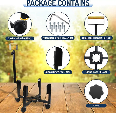 Rolling Stand With Telescopic Handle For Ranger 15.5 Inch Smokeless Fire Pits, showing components: wheels, bolts, handle.