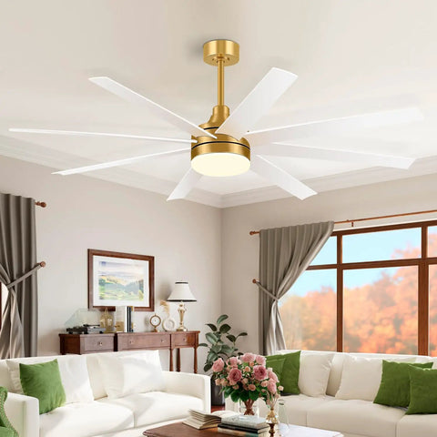 65 Inch Ceiling Fan With Lights And Remote Six Speed Settings Quiet DC Motor Eight Reversible Blades in living room