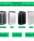 Premium True HEPA Replacement Filter Kit With Four Carbon Prefilters For Your Air Purifier Odor Free And Easy To Install Save Money With This Budget Friendly Replacement Set Fits 115115 Size 21, compatible with various Winix models.