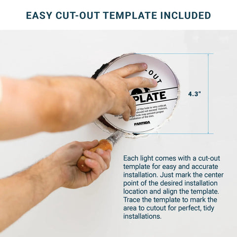 Person using easy cut-out template for installing 12 Pack 4 Inch Ultra Thin Dimmable LED Recessed Ceiling Light With Junction Box