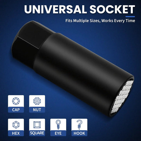 Universal socket from All In One 86 Piece Magnetic Impact Nut Driver And Bit Set With SAE And Metric Sizes on blue background