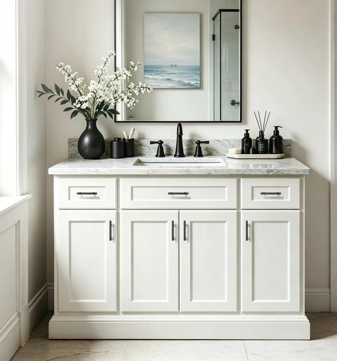 Snag This Set Of Sharp Matte Black Cabinet Handles 30 Pack Heavy Duty Stainless Steel Bar Pulls For Kitchen Drawers And Bathroom Vanity Doors Featuring 5 Inch Span And 3 Inch Hole Spacing Pro Level Upgrade on white vanity.
