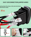 Angled front view of Carling-style safety lock rocker switch with 5-pin SPST and jumper wires