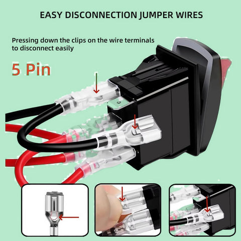 Angled front view of Carling-style safety lock rocker switch with 5-pin SPST and jumper wires