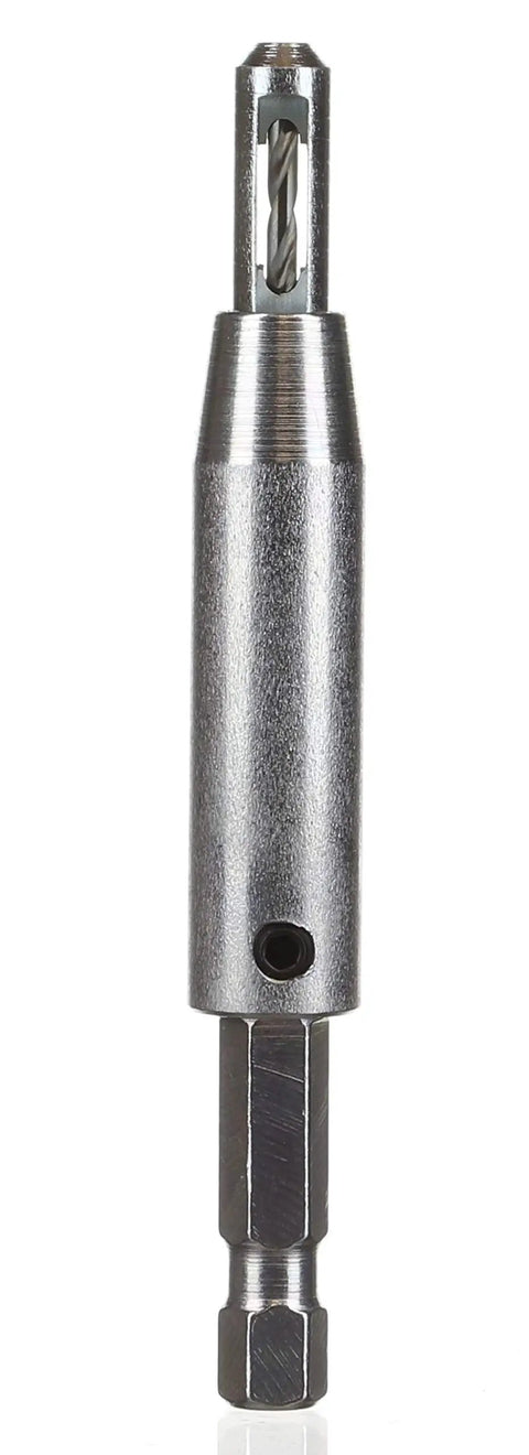 Close-up of Three Piece Self Centering Pilot Bit Set With Hex Shank For Wood Screws Sizes Three Through Ten Centered Holes Every Time