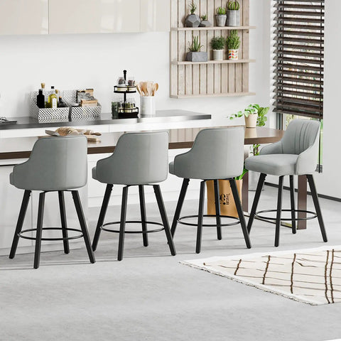 Swivel Bar Stool With Back Rest 26 Inch Counter Height Gray Linen Fabric Upholstered Seat in modern kitchen setting