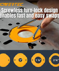 Rock Solid Aluminum Router Table Insert Plate with smooth reducer ring and quick leveling screws in use for woodworking.