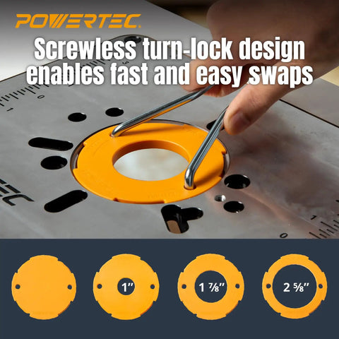 Rock Solid Aluminum Router Table Insert Plate with smooth reducer ring and quick leveling screws in use for woodworking.