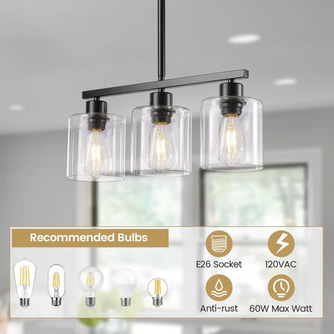 Sleek Black Three Light Kitchen Island Pendant Lamps Using Dimmable E26 Base, featuring three glass shades and bulbs.