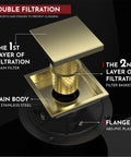 4 Inch Square Shower Drain With Slick Brushed Gold Finish, Reversible 2-In-1 Cover And Tile Insert Grate, filtration layers diagram