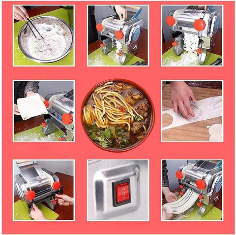 Top Shelf Stainless Steel Electric Noodle Machine Bringing Fresh Pasta Game To Your Counter Making Spaghetti Ravioli Linguine For Home Or Business With No Sweat Thickness Adjustments In 15cm 18cm Or 20cm Sizes shown in action with dough handling and pasta making.