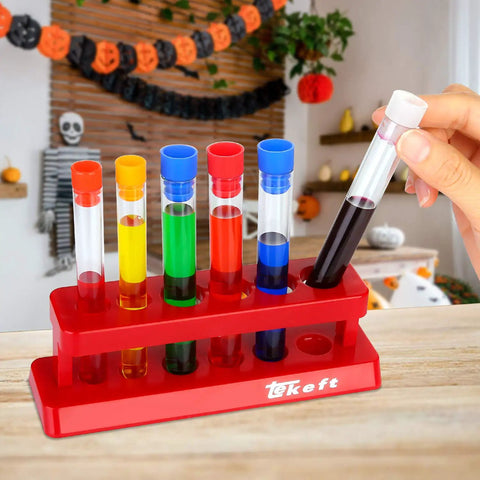 Six Colorful Plastic Test Tubes Kit With Caps And Rack For Home Science Experiments displayed in a festive room.