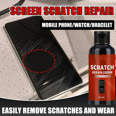 Glass Scratch Remover Kit for Phone Screens, bottle next to scratched mobile device, quick fix for everyday wear and tear