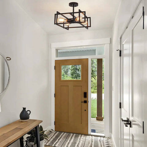 Industrial Black 4 Light Dope Semi Flush Mount Ceiling Light Fixture With E26 Socket in a modern entryway.
