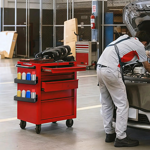 Mechanic using a red tool cart with Magnetic Spray Can Holder Set Six Pack Wall Mount Rack For Spray Cans Paint Cans Bottles And Cleaners Easy Access Tool Organizer For Garage And Home Workshop Black Finish attached on the side in a garage setting.