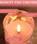 Close-up of Pink Hummingbird Glass Flameless Candles Set Of 3 With Remote Control Flickering LED Pillar Candles Battery Operated Real Wax In Glass showing hummingbird design with realistic flame.