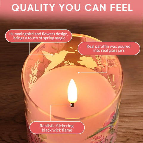 Close-up of Pink Hummingbird Glass Flameless Candles Set Of 3 With Remote Control Flickering LED Pillar Candles Battery Operated Real Wax In Glass showing hummingbird design with realistic flame.