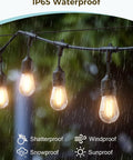 Smart Outdoor String Lights 123 Ft With 40 Dimmable Edison Bulbs IP65 Weatherproof WiFi App Control shown in rain