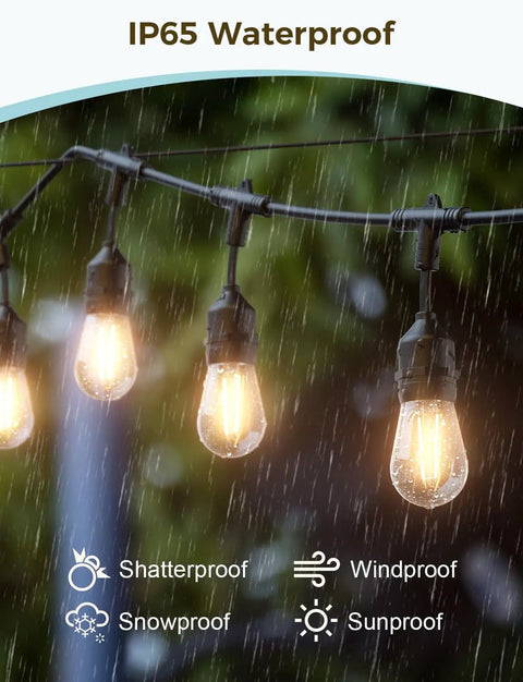 Smart Outdoor String Lights 123 Ft With 40 Dimmable Edison Bulbs IP65 Weatherproof WiFi App Control shown in rain