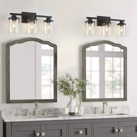 Three Light Matte Black Bathroom Vanity Lights With Clear Glass Shades Modern Wall Sconces Over Mirror Installation