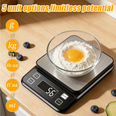 Waterproof Kitchen Scale With 0.1g Precision, 10kg/22lb Digital Food Scale In Stainless Steel With Backlit Display showing flour and egg