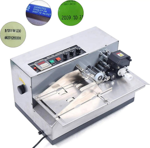 Stainless Steel Automatic Ink Wheel Coding Machine For Batch Numbers And Dates Wide Application On Labels Solid Dry Ink Printer For Industrial Use High Durability Anti Corrosion Heating System with control panel and ink wheels.