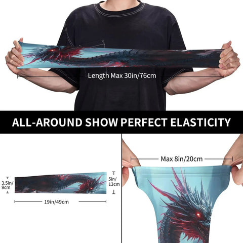 Top Tier Cooling Arm Sleeves With Bold Dragon Pattern Built For Serious Sun Blocking Quick Dry Fabric shown being stretched.