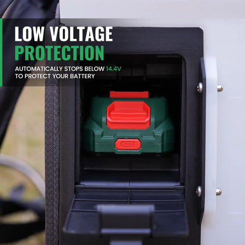 Close-up of battery compartment in 3 Gallon Backpack Sprayer Battery Powered With 18V Compatibility Translucent Tank Seven Nozzles And Adjustable Pressure