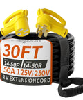 30-Foot 50-Amp RV And EV Extension Cord Outdoor, Outdoor-Ready NEMA 14-50P To 14-50R, 125/250V, 6250/12500W, Heavy-Duty STW Rated, Ideal For Camping, RV Parks, And EV Charging Setups. coiled black 30ft RV extension cord with yellow NEMA 14-50 plugs