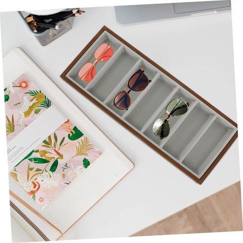 Premium Wooden Shade Keeper Tray Including Seven Gray Fabric Slots Top Tier Jewelry Glasses Watch Organizer with sunglasses