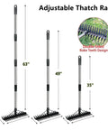 63 Inch Dethatcher Rake With Upgraded Dual Action Tines, 32-Tine Dual-Sided Head, Adjustable Garden Tool For Thick Thatch And Dead Grass, Leaves And Debris Cleanup, Perfect For Spring Lawn Care And Fall Cleanup, showing adjustable sizes and double-sided teeth design.