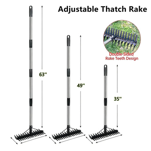 63 Inch Dethatcher Rake With Upgraded Dual Action Tines, 32-Tine Dual-Sided Head, Adjustable Garden Tool For Thick Thatch And Dead Grass, Leaves And Debris Cleanup, Perfect For Spring Lawn Care And Fall Cleanup, showing adjustable sizes and double-sided teeth design.