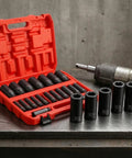 Heavy Duty 20 Piece Impact Socket Set With Case Fits Metric Sizes For Pro Mechanics, Garage DIYers, And Workshop Pros Who Need A Super Durable Chrome Molybdenum Air Tool Kit To Get The Job Done Fast. 8mm-32mm sockets in red case
