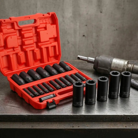 Heavy Duty 20 Piece Impact Socket Set With Case Fits Metric Sizes For Pro Mechanics, Garage DIYers, And Workshop Pros Who Need A Super Durable Chrome Molybdenum Air Tool Kit To Get The Job Done Fast. 8mm-32mm sockets in red case