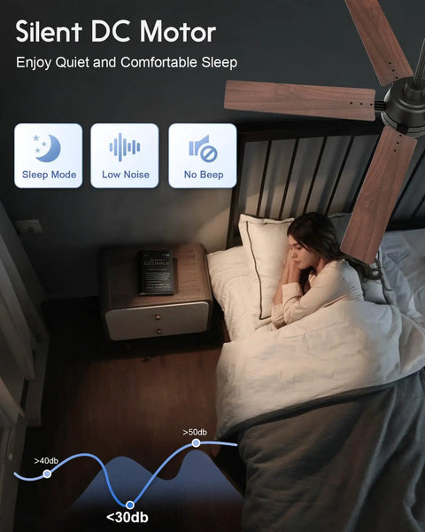 52 Inch Smart Ceiling Fan With Lights Black, Alexa And Google Home Ready, quiet operation in bedroom over sleeping woman