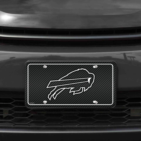 NFL Buffalo Bills Carbon Fiber Metal Auto Tag Paired With Official Vinyl Decals For Your Rig To Flex Big Team Pride And Crisp Die Cut Graphics On Your Daily Cruise on vehicle front