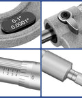 Pro Grade Outside Micrometer Set With Four 0-1 Inch, 1-2 Inch, 2-3 Inch, 3-4 Inch Ranges, 0.0001 Inch Graduation, close-up of micrometer parts