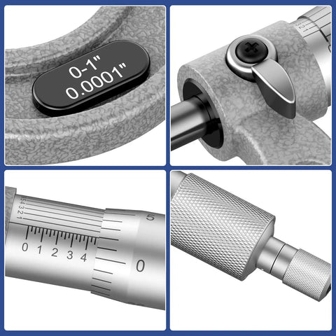 Pro Grade Outside Micrometer Set With Four 0-1 Inch, 1-2 Inch, 2-3 Inch, 3-4 Inch Ranges, 0.0001 Inch Graduation, close-up of micrometer parts
