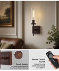 Kwinmyso Wireless 3CCT Wall Sconce Battery Operated Dimmable Wall Light on a wall with a touch switch and remote control features.