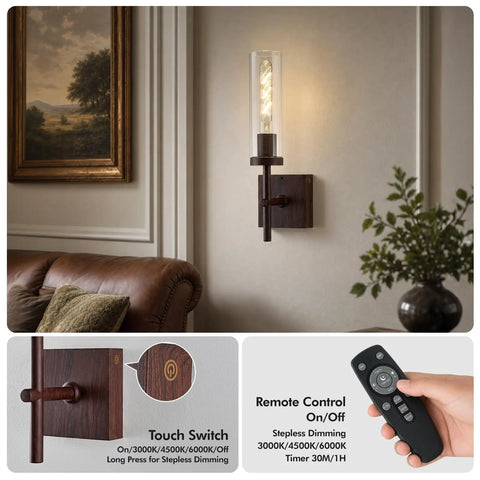 Kwinmyso Wireless 3CCT Wall Sconce Battery Operated Dimmable Wall Light on a wall with a touch switch and remote control features.