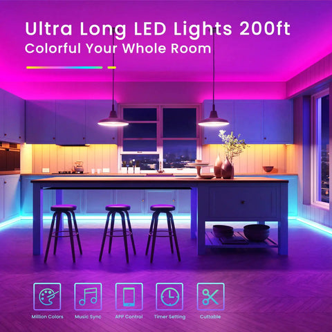 Ultra Long 150ft RGB LED Strip Lights With Bluetooth App Control in a colorful kitchen setting