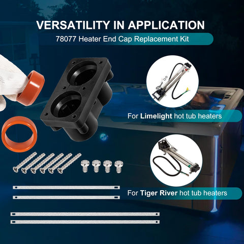 78077 Heater End Cap Replacement Kit for Limelight and Tiger River hot tub heaters with components and hot tub image