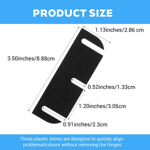 Diagram showing dimensions of black 3.5 inch plastic door hinge shims with measurements for 10 Pack 3.5 Inch Door Hinge Shims For Interior Doors Easy Gap Filler And Alignment Spacers To Fix Air Leaks Sticking Or Misaligned Doors Trimable Hinge Spacers Repair Kit DIY Friendly No Hassle Quick Fix.