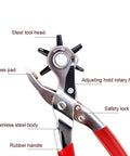 Beefy Leather Hole Puncher Workhorse With Six Punch Sizes for belts, featuring adjustable steel tool head and brass pad, detailed view.