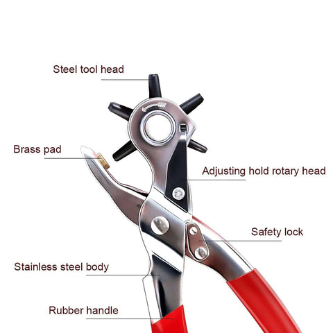 Beefy Leather Hole Puncher Workhorse With Six Punch Sizes for belts, featuring adjustable steel tool head and brass pad, detailed view.