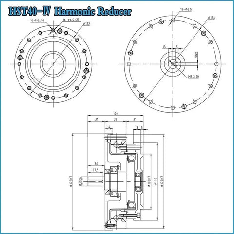 Technical drawing of Battle Tested Workhorse Grade Harmonic Reducer With 20 Arcsec Accuracy And Axial Input Shaft dimensions and layout.